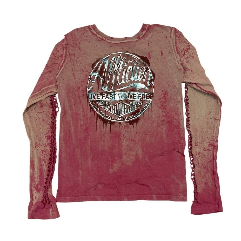 Affliction Womens XL Pink Graphic Lace Up Cutout Shirt Y2K McBling Biker Moto